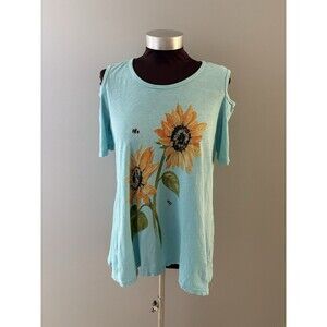 Jess & Jane Daisy Top Size M Blue Cold Shoulder Floral Asymmetrical Bumblebee
